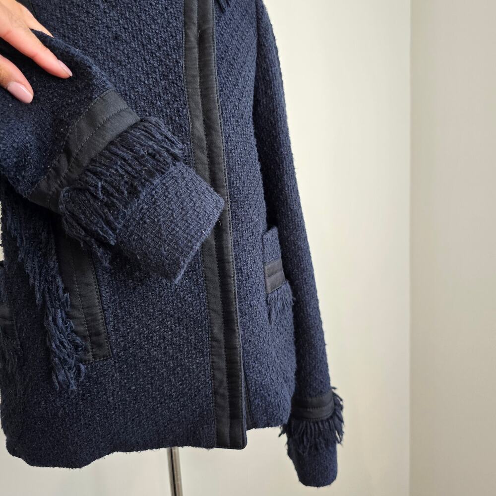 Tory Burch Navy Long Sleeve Tweed Fringe Cross Grain Blazer Sz 4 - Picture 2 of 11